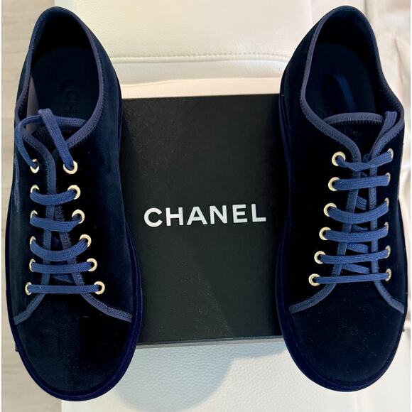 Chanel Velvet Sneakers Navy Blue with Lace-Up Design - Picture 1 of 6